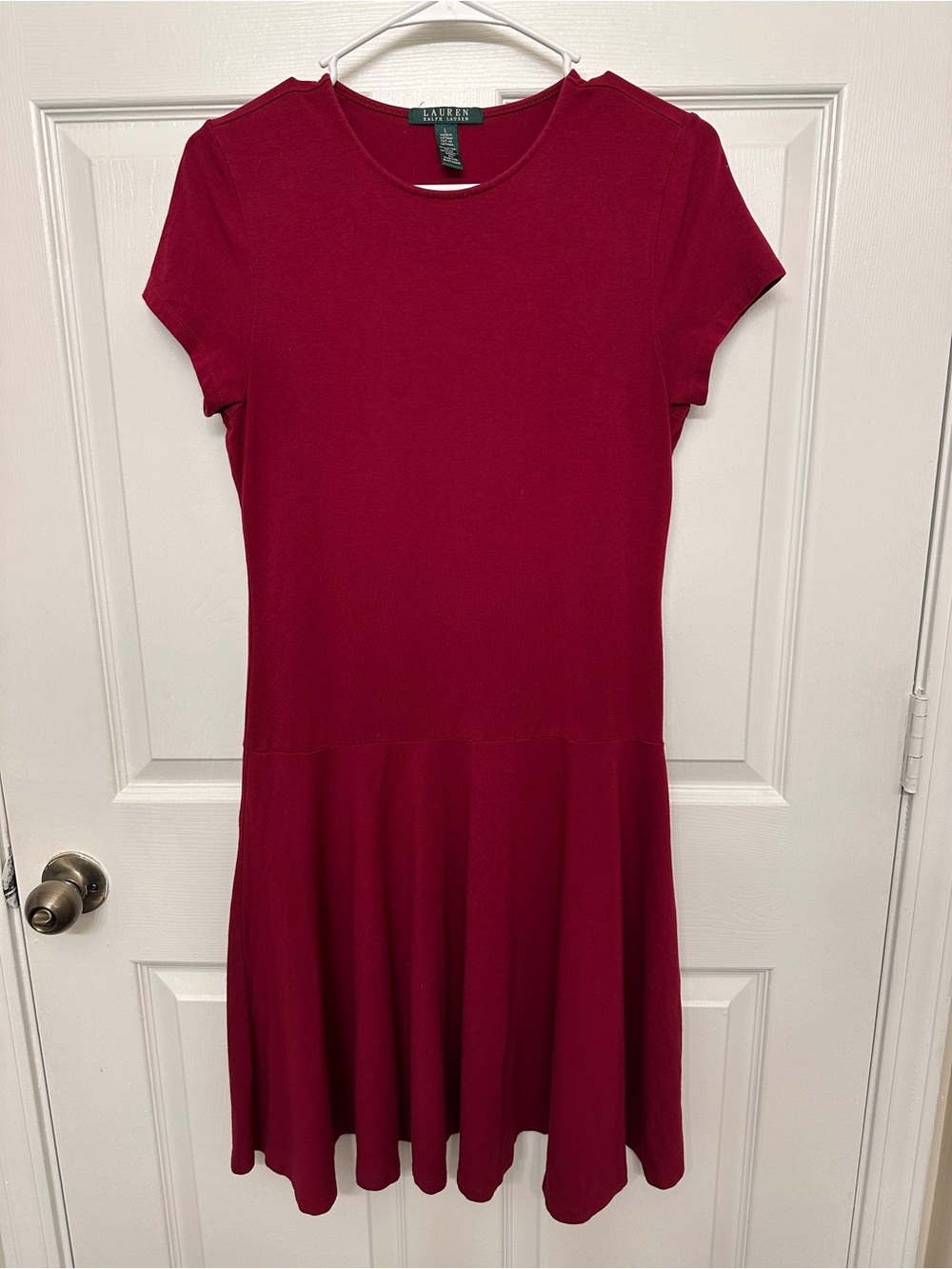 Ralph Lauren Short Sleeve Fit-and-Flare Dress in Cranberry Red